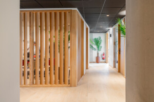Bureaux avec claustra bois et salle de réunion vitrée